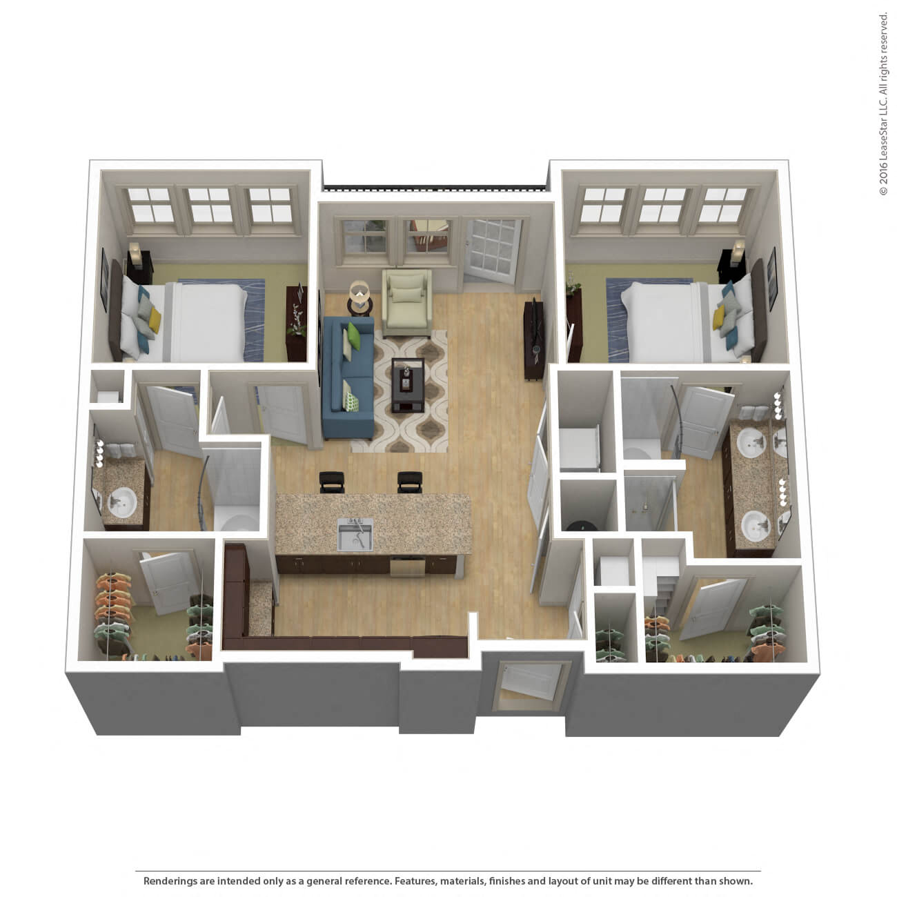 Floor plan for 2 beds, 2 baths, 1069 sqft